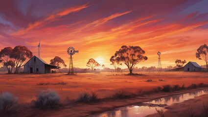 illustration of a colorful Australian outback sunset landscape with windmills, water tanks and rubber trees and a fiery sky with clouds with bursts of sunlight