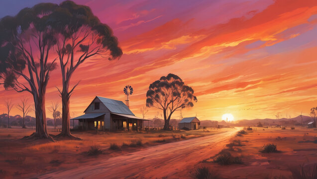 illustration of a colorful Australian outback sunset landscape with windmills, water tanks and rubber trees and a fiery sky with clouds with bursts of sunlight