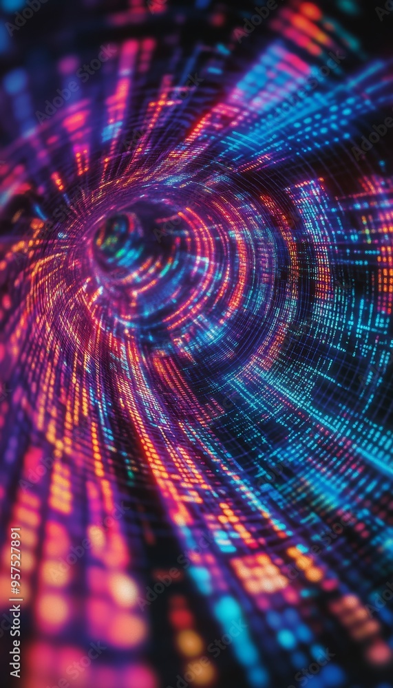 Aufkleber Vibrant neon binary code grid set against a dynamic swirling abstract shape background