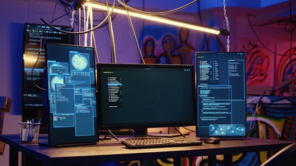 Close up shot of software interface on computer screens showing developer code running in empty...