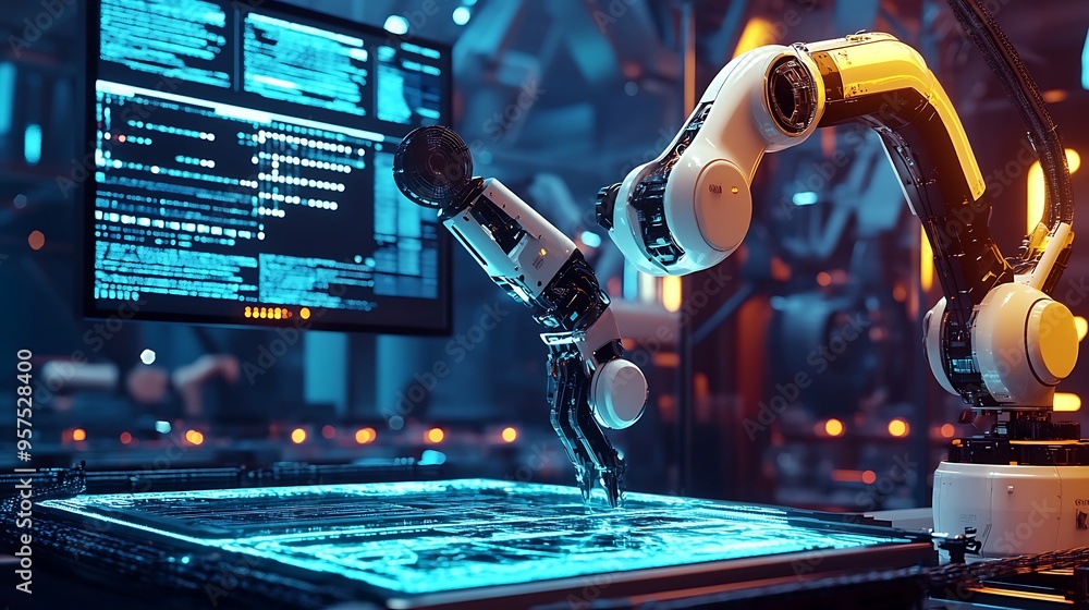 Poster robotic arm assembling a circuit board