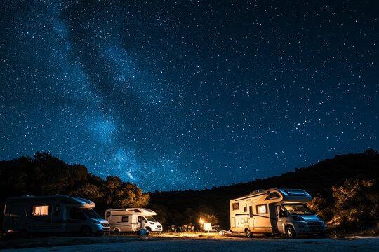 Rvs and campers parked under a starry night sky  embracing adventure and freedom outdoors