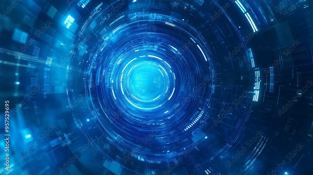 Poster a vibrant blue digital tunnel suggests motion through data streams and technology in a futuristic se