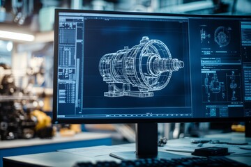 Close up of engineer s computer displaying intricate 3d mechanical design and blueprints