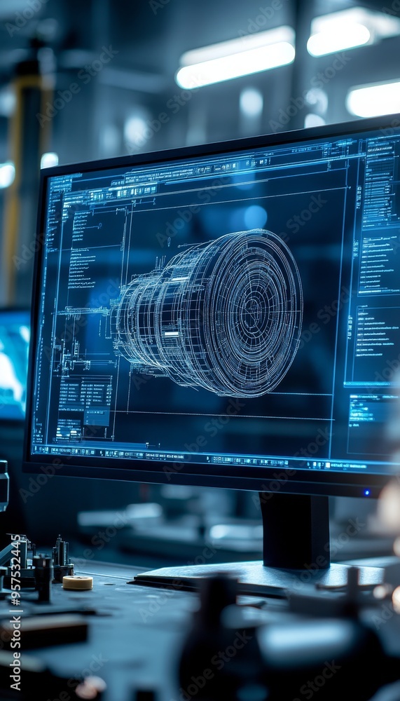 Aufkleber blueprints of an electric motor on a computer screen amidst tools in a modern workshop environment