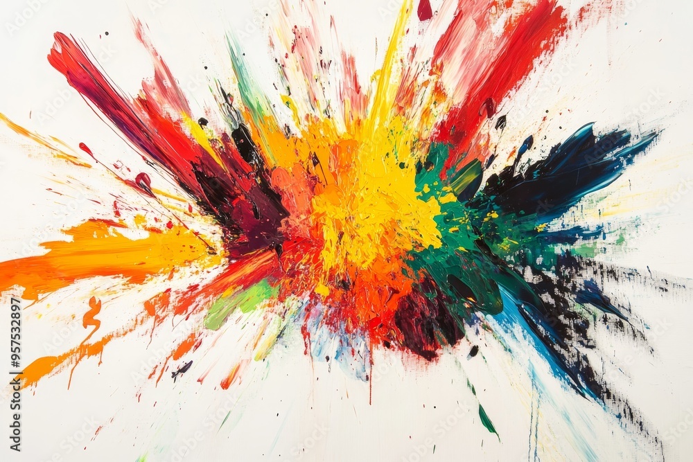 Poster vibrant abstract expressionist artwork of an explosion against a white canvas with colorful splashes