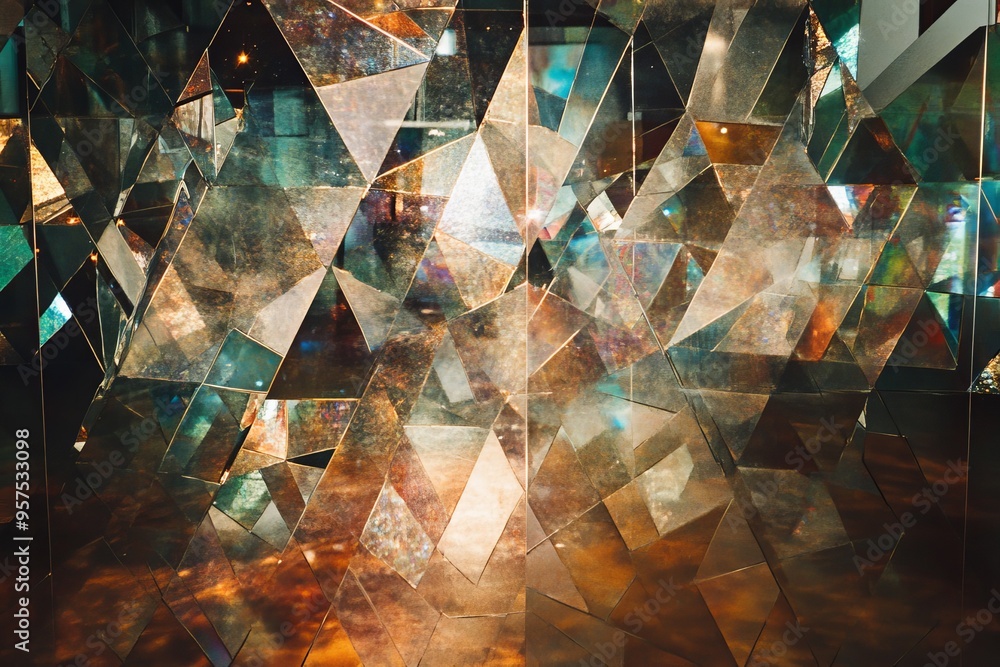 Poster captivating reflective surfaces featuring light refractions and intricate geometric patterns
