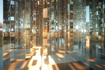 Intricate geometric patterns and light refractions on reflective surfaces create stunning visuals
