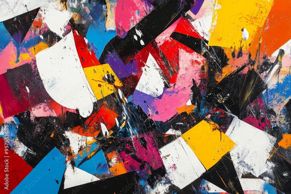 Poster dynamic abstract expressionist artwork featuring chaotic colors and geometric shapes in composition