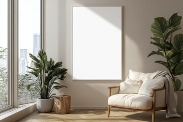 Fototapeta premium Poster Frame in Beige minimalist living room interior created with generative AI