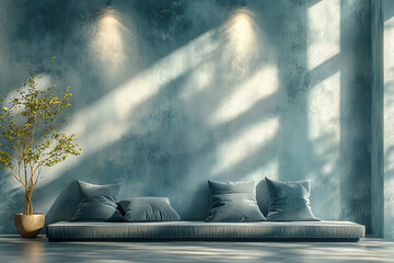 A room with a blue wall and a plant in a vase