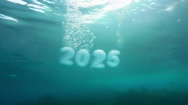 New year celebration: An immersive footage of underwater paradise where s of bubbles elegantly swirl around in slow motion. As the camera pans out the words 2025 appear reminding