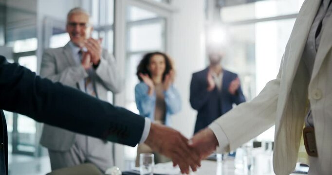 Business people, handshake and agreement with applause for negotiation, deal or legal settlement in law firm. Zoom, office and support as partner in crisis resolution, court case or mediation process