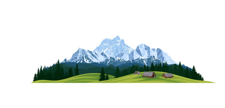 vector illustration - three huts on a mountain meadow