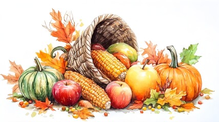 autumn basket with apple corn pumpkin maple leaves