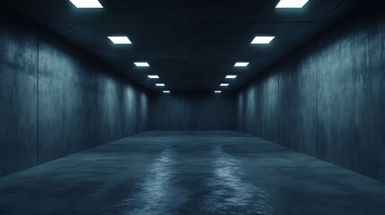 Dark Concrete Corridor with Glowing Lights