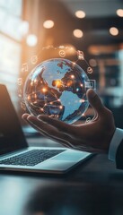 Businessman interacting with digital earth hologram and global network icons at modern office desk