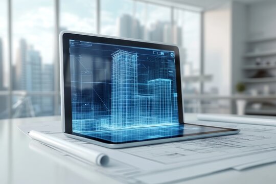 3d rendering of a digital tablet with blueprints and hologram in a modern architectural space