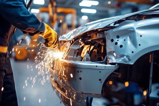 Expert car repair  technician welding vehicle body on stand after collision in modern workshop