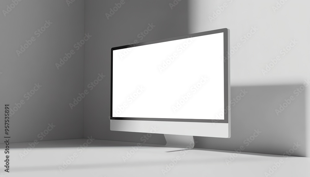 Poster white computer monitor with blank screen on a white desk