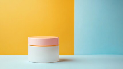 White Jar with Pink Lid on Yellow and Blue Background