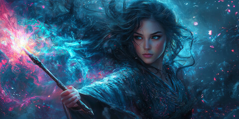 the sorceress wields a magic wand