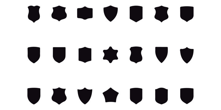 Lovely collection of shield silhouettes. Labels for the police, military, soccer, and other sports are shaped by black badges. 
