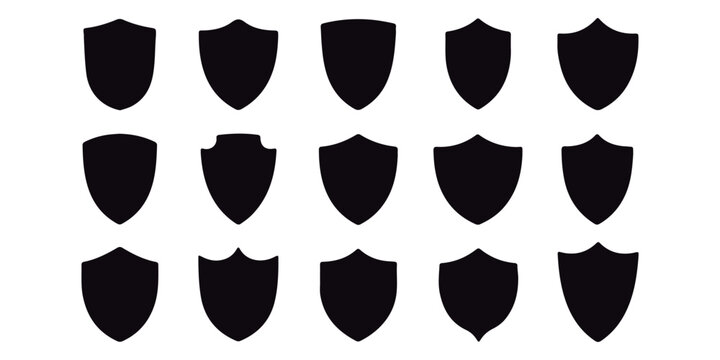 Lovely collection of shield silhouettes. Labels for the police, military, soccer, and other sports are shaped by black badges. 
