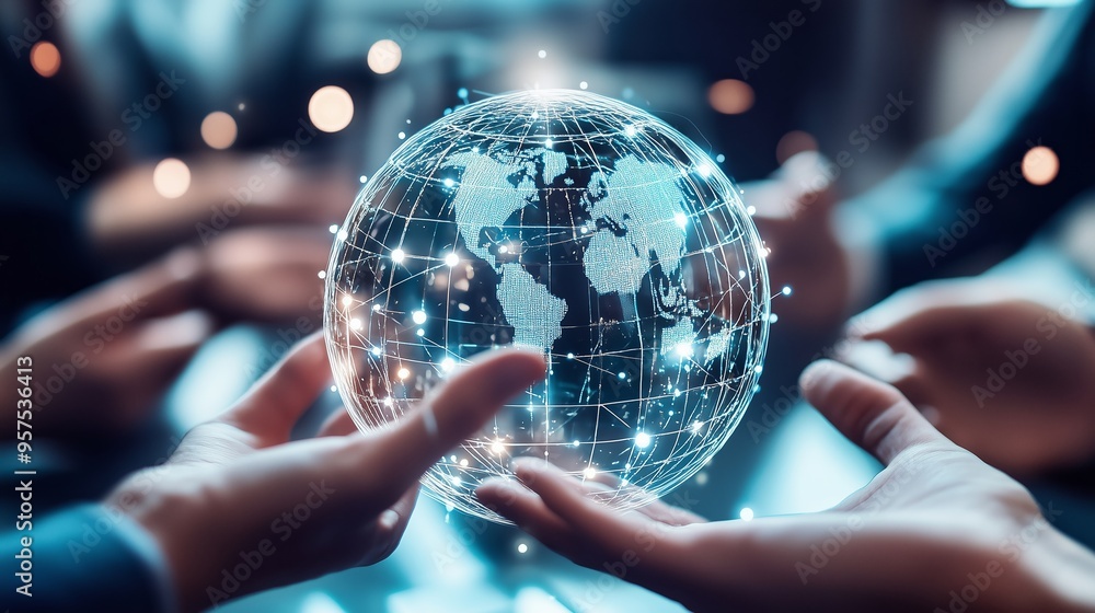 Poster hands connecting around a glowing globe symbolizing global collaboration in a modern business enviro