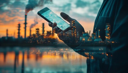Double exposure of businessman using smartphone at electric plant during sunset energy concept