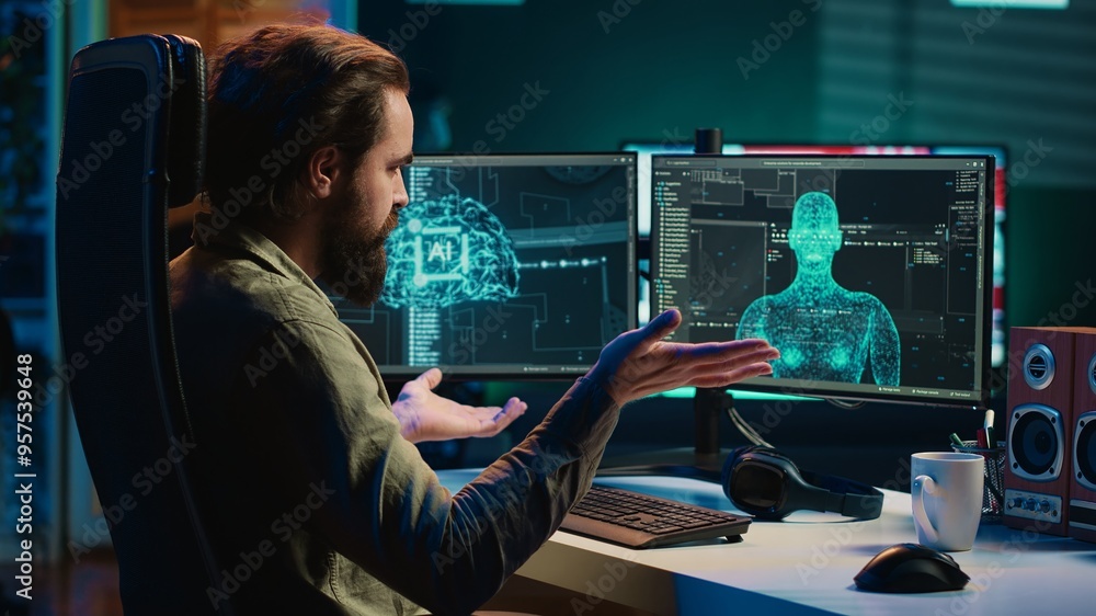 Poster self aware ai gaining anthropomorphic form inside cyberspace, waving hand, saluting programmer. arti