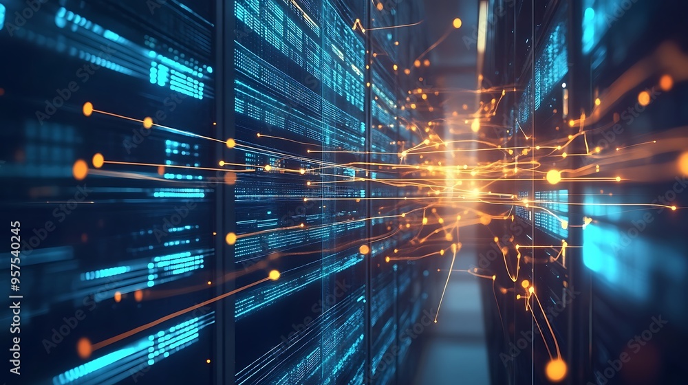 Aufkleber server room with data flow and connections