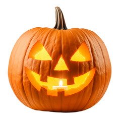 Glowing carved Halloween pumpkin with candle, isolated on a transparent and white background, PNG