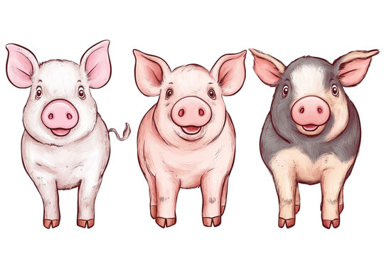 Illustration of three cute cartoon pigs in a row, isolated on a transparent and white background, PNG