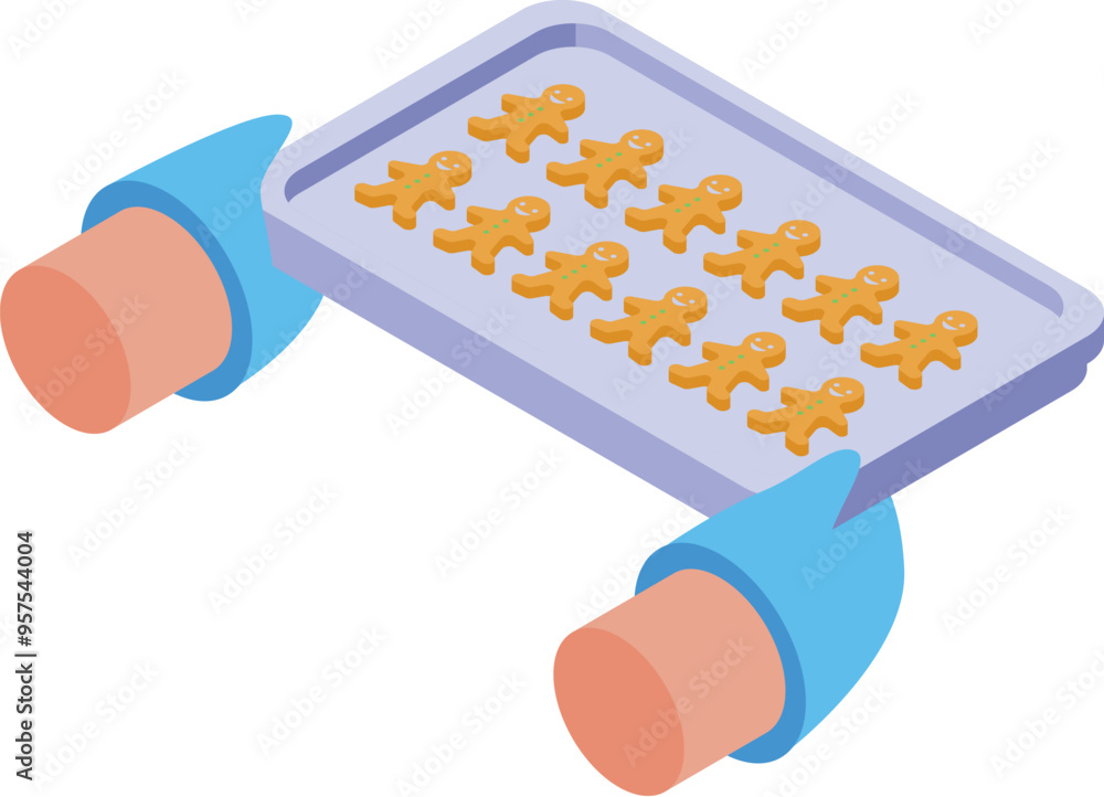 Poster baking sheet with gingerbread men cookies isometric view for any web design