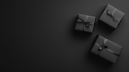 Black gift boxes on dark textured background with space for text