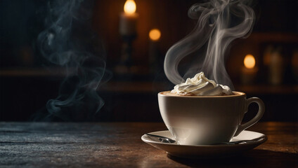 Fototapeta premium Steaming cup of hot coffee with whipped cream, illuminated by a single beam of light creating a moody ambiance.