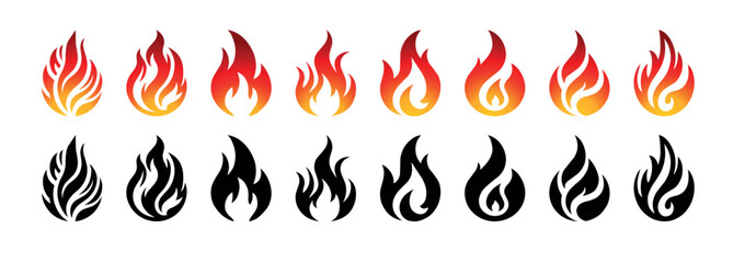 Set of simple small flames vector icons ans silhouettes bundle. Symbol of burning fire flame collection isolated on white background.