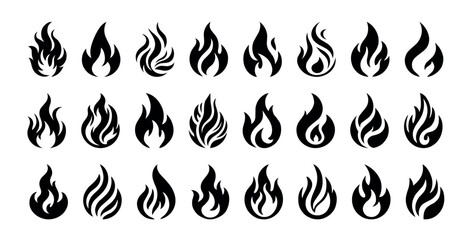 Collection of simple fire flame vector silhouettes bundle isolated on white background.