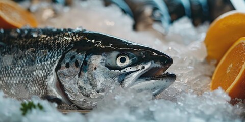 Whole Atlantic Salmon on Display at a Fishmonger s Counter Preserved in Ice Flakes