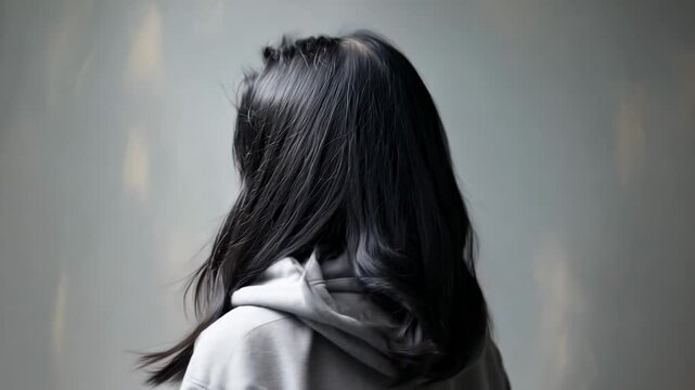 A young woman wearing a hoodie stands with her back to the camera and then turning her head in a dimly lit urban space, reflecting on life during a quiet afternoon