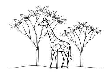 Line Drawing of a Giraffe Reaching for Leaves from Tall Trees - Vector Art Illustration