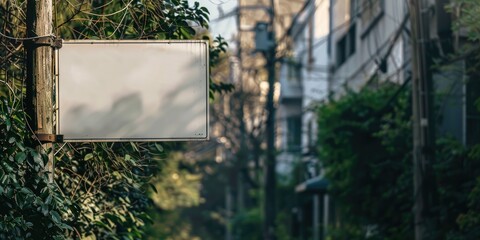 Close up of a blank sign on a telephone pole in a residential area intentionally left empty for customized copy space and design layout