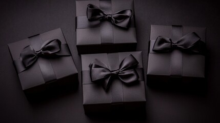 Black gift boxes on dark textured background with space for text