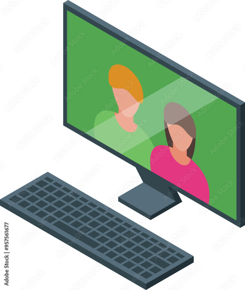 Poster two friends are video calling using a desktop computer with keyboard, staying connected digitally
