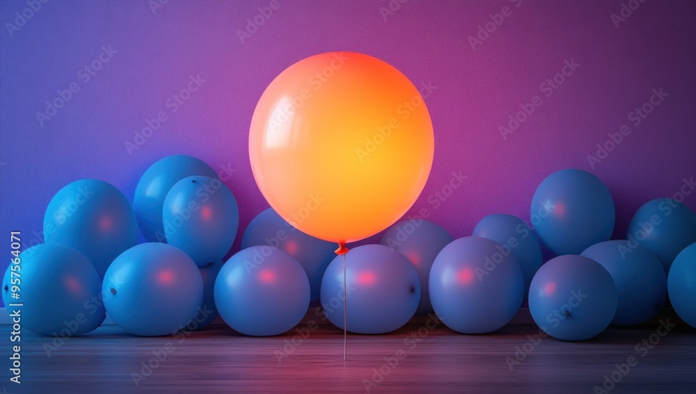 Sticker Orange Balloon Among Blue Balloons