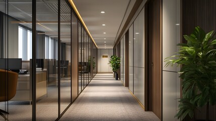 Modern Office Corridor with Glass Walls and Wooden Doors