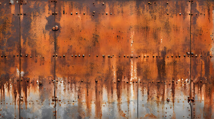 Naklejka premium Rusty background texture. Grunge orange-brown metal with rivets - generative AI