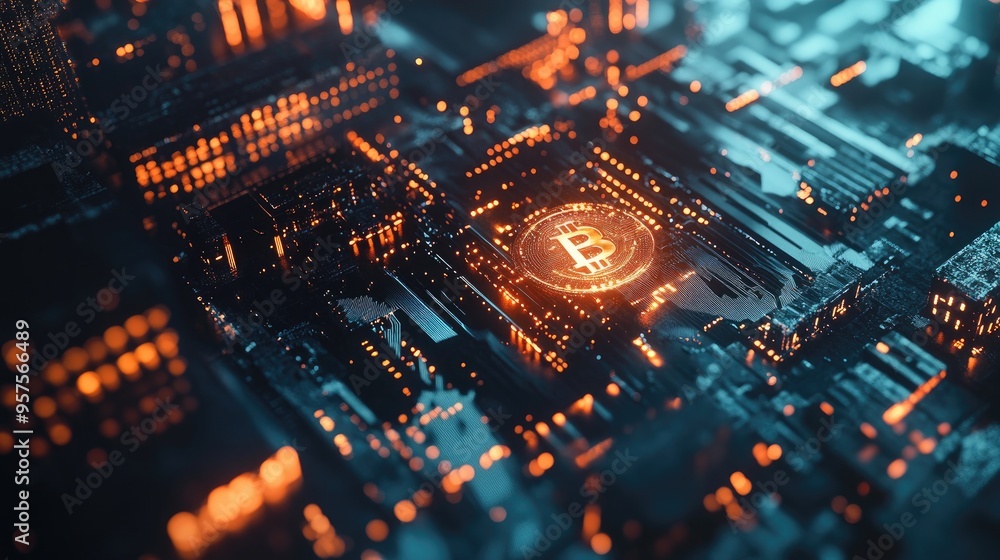 Poster a high-tech visual of bitcoin with blockchain networks, emphasizing its market significance in a fut