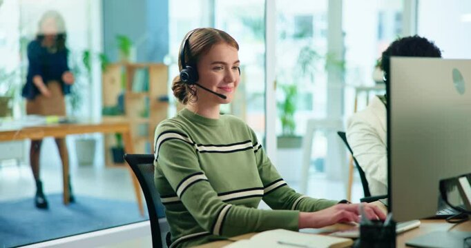 Business woman, consultant and call center with headphones on computer for customer service at office. Female person, employee or agent with headset for online advice or telemarketing at workplace